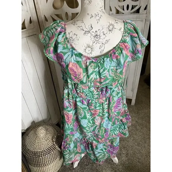 Women's Prairie Boho Green Floral Midi Dress Size 3X Pom Accent 24W-26W - Picture 2 of 5